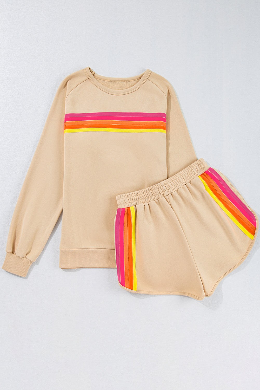 Apricot Striped Accent Pullover and Shorts Two Piece Casual Set